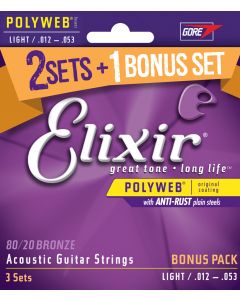 Elixir Anti-Rust 80/20 Polyweb Coated Acoustic Guitar Strings Bonus Pack - 3 Sets for the Price of 2!